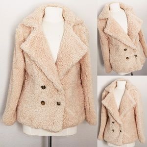 Beige Fluffy Cozy Soft Button Pocket Teddy Jacket